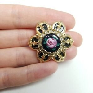 Vintage Black Enamel Pink Rose Flower Shaped Brooch Lapel Pin Rhinestone Halo